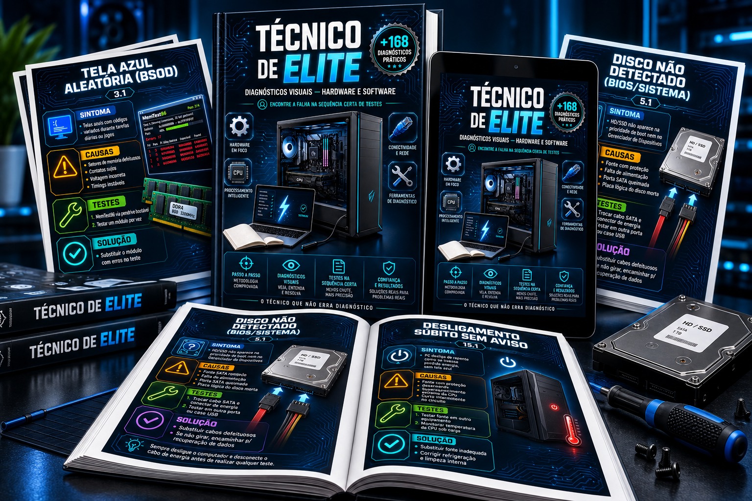 Técnico de Elite com exemplos visuais de diagnósticos de hardware e software